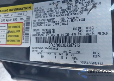 2013 Ford Fusion Hybrid Se из США, поврежденный, VIN 3FA6P0LUXDR387513